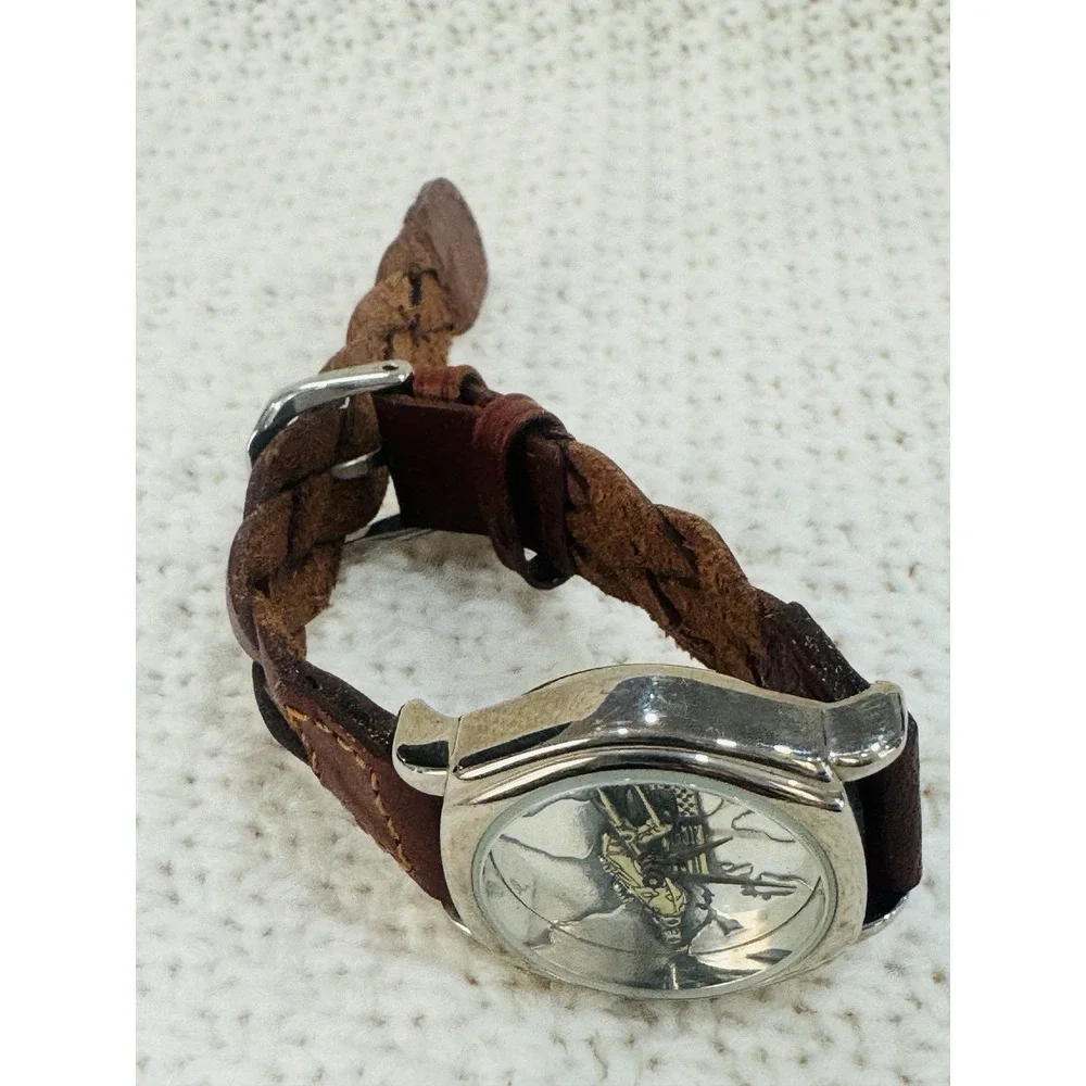 Vintage Fossil PR-1355 Airplane World Map Leather Watch Untested